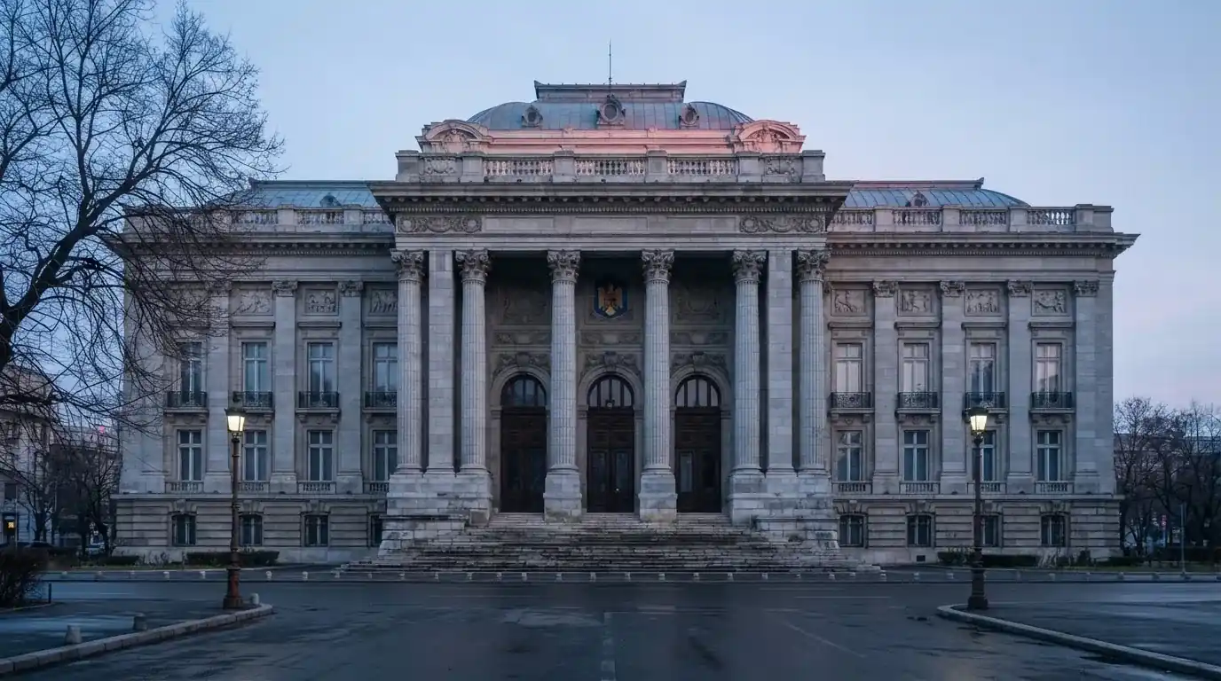 Fațada de piatră a unei clădiri guvernamentale din București, în lumina rece a zorilor — 20 rotiri gratuite în romania