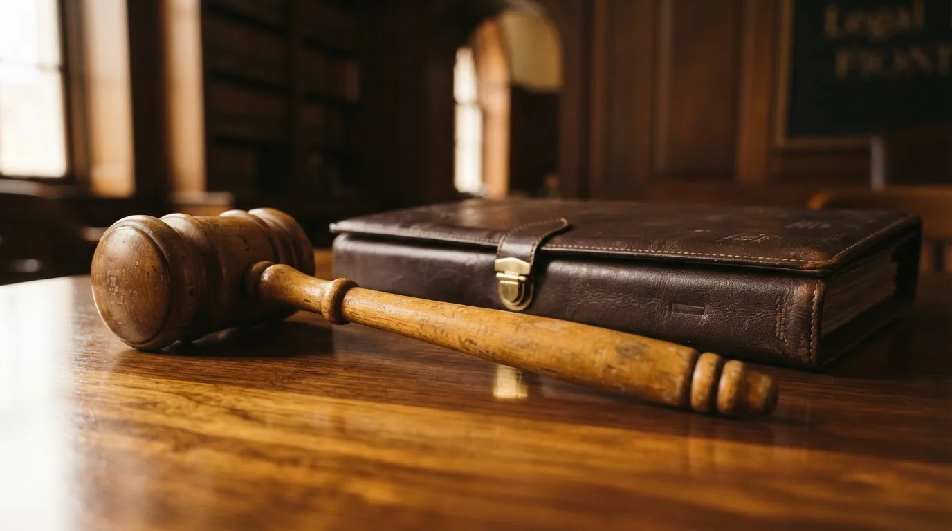 Un ciocan de judecător lângă un dosar de piele închis, pe o masă de nuc lustruit — aparate de cazinou din românia