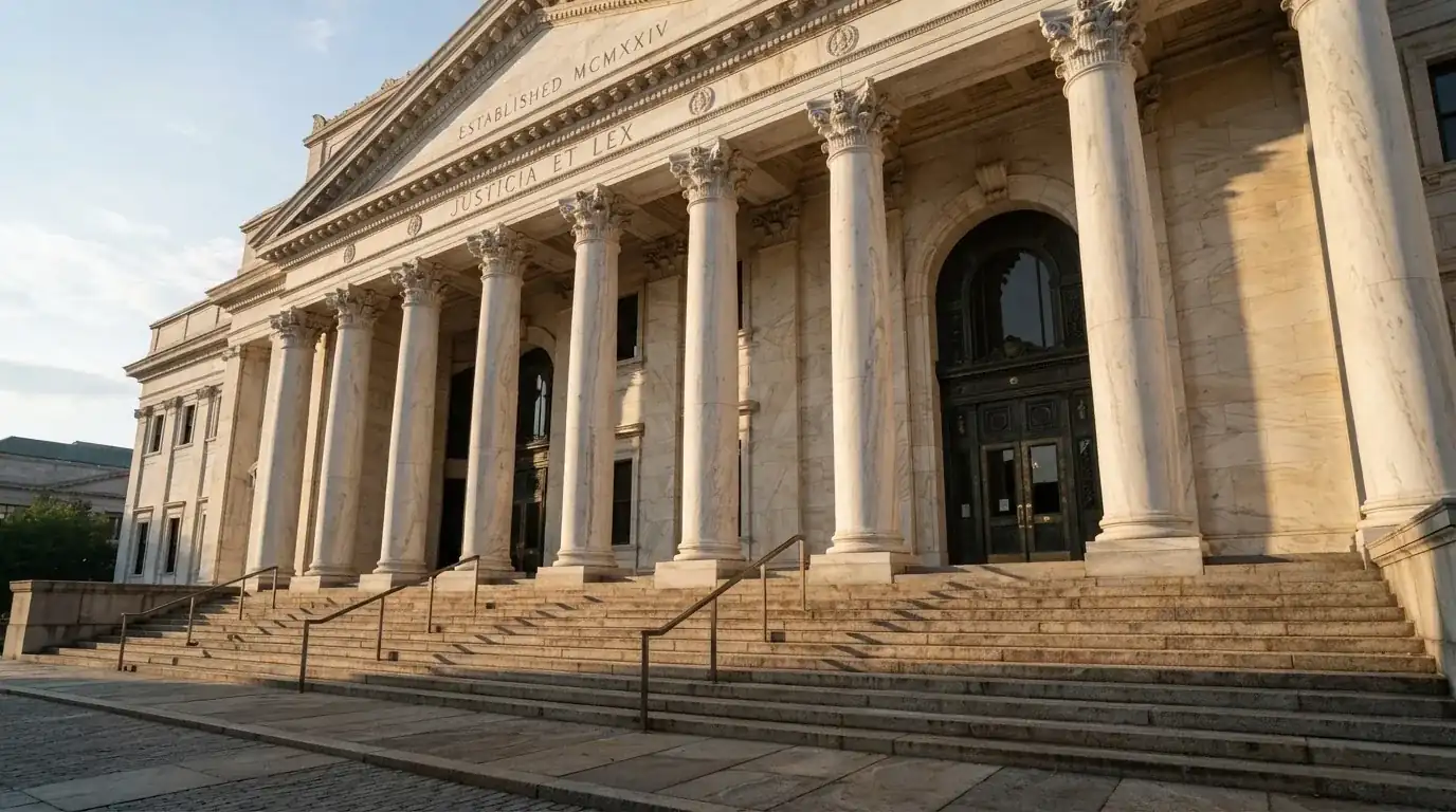Coloane de marmură ale unei clădiri vechi, cu trepte late scăldate în soarele dimineții — blackjack pe bani reali în românia