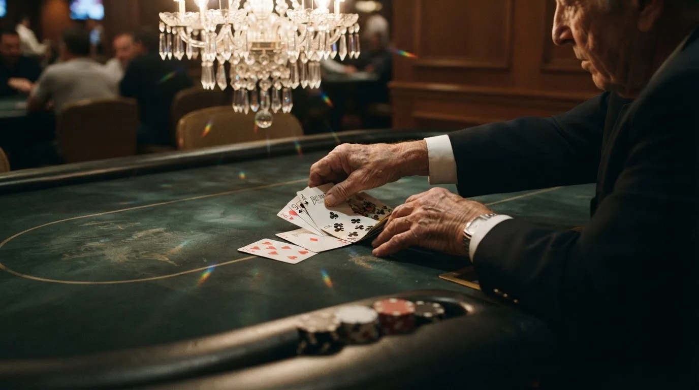 Mâinile unui crupier amestecă cărțile sub candelabrele unui cazinou elegant — blackjack reguli pentru români