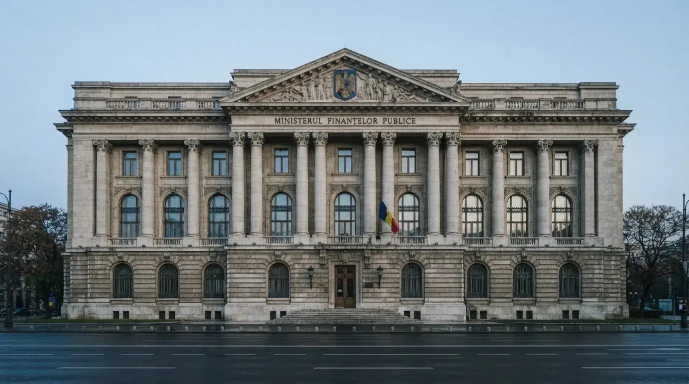 Fațada de piatră a unei clădiri guvernamentale din București, în lumina rece a zorilor — blackjack reguli pentru români