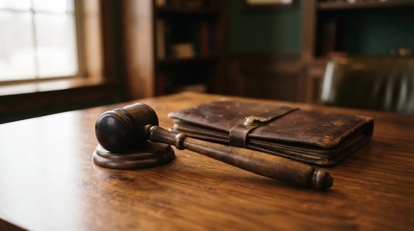 Un ciocan de judecător lângă un dosar de piele închis, pe o masă de nuc lustruit — bune cazinouri în românia