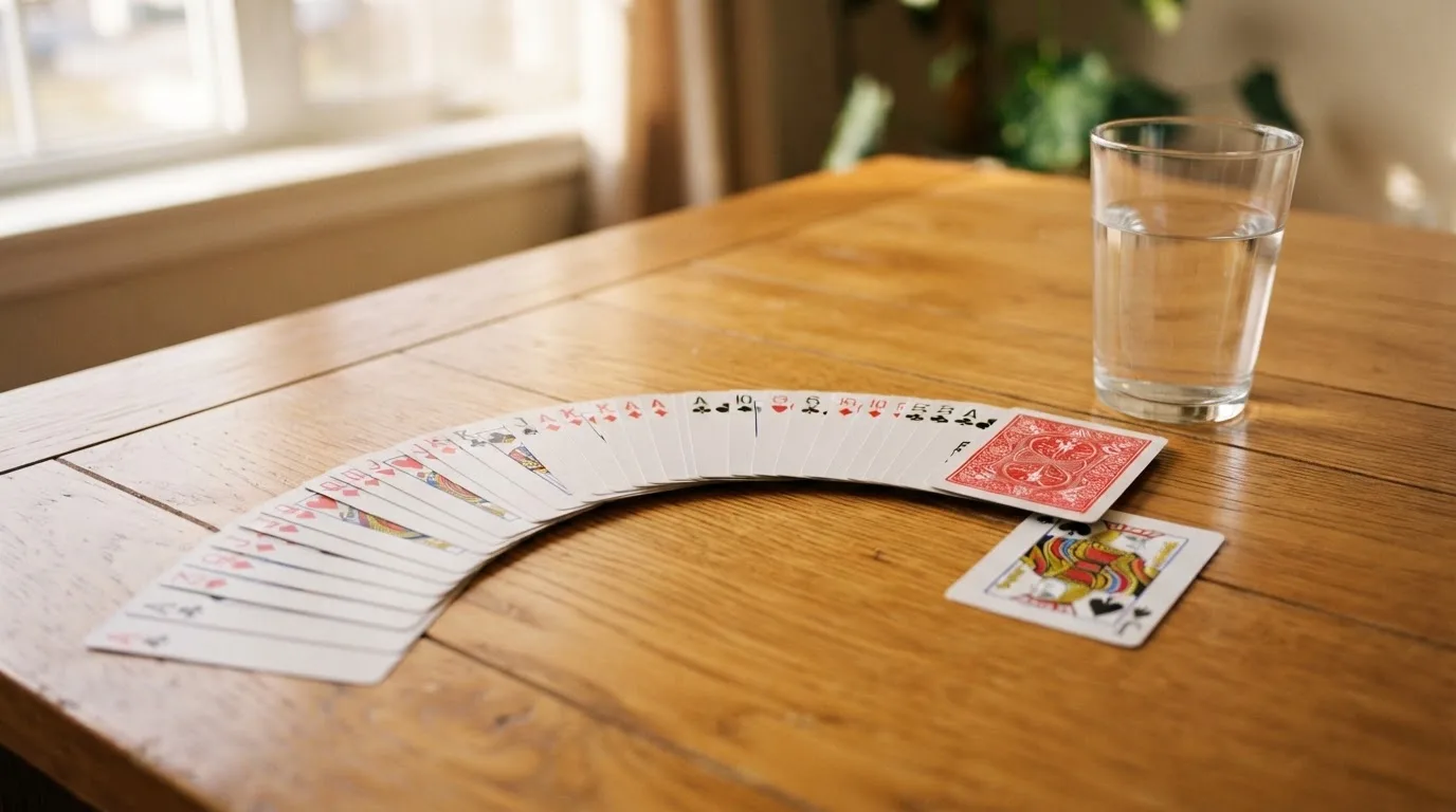 Un pachet de cărți de joc desfăcut evantai pe o masă de stejar, lângă un pahar cu apă — casino gratis în românia
