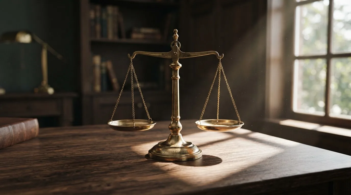 O balanță de alamă pe un birou de lemn, în lumina piezișă a unei ferestre înalte — casinouri online în romania