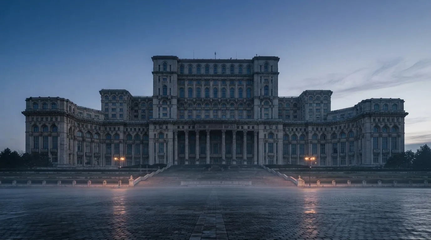 Fațada de piatră a unei clădiri guvernamentale din București, în lumina rece a zorilor — cazinouri cu ruletă în romania