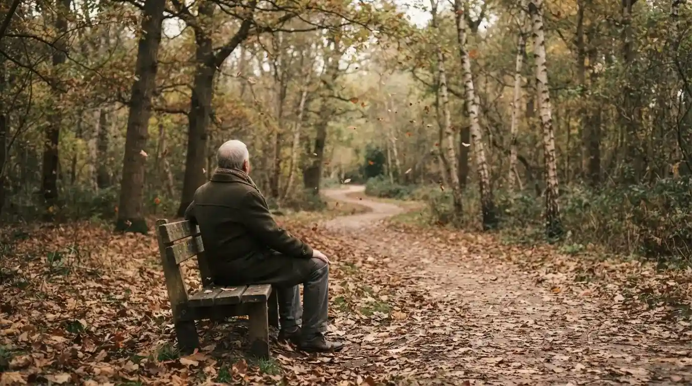 Un om pe o bancă din parc privește frunzele toamnei căzând, în lumină blândă — cazinouri fără licență în românia