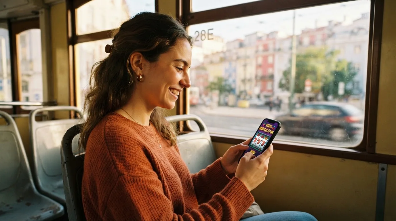 Tânără în tramvai ține telefonul cu ambele mâini și zâmbește, în timp ce afară se văd clădiri neclare în mișcare.