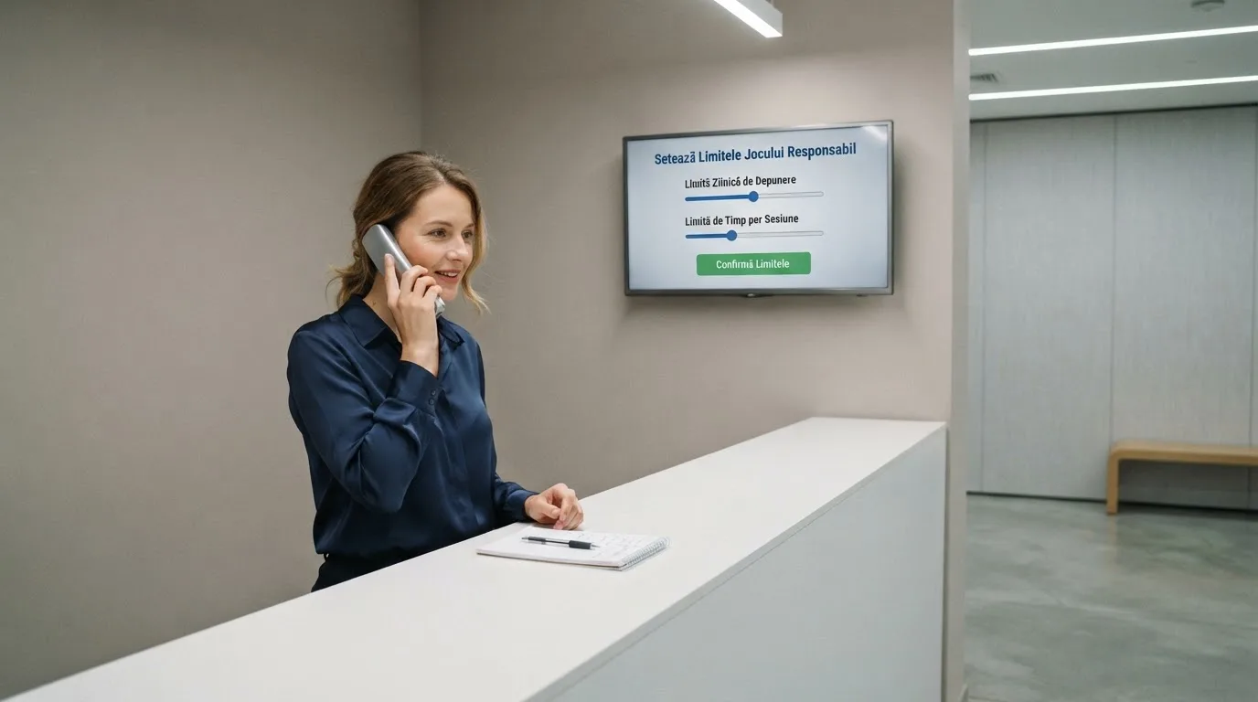 Birou de recepție într-un hol modern, cu un monitor discret pe un perete și o funcționară care răspunde la telefon.