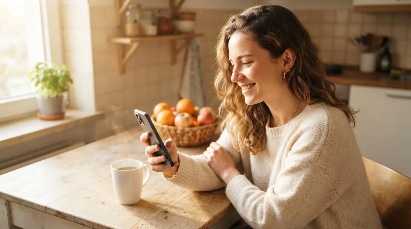 Femeie zâmbitoare cu telefonul în mână stă la o masă de bucătărie, lângă o cană fumegândă și o fructieră.