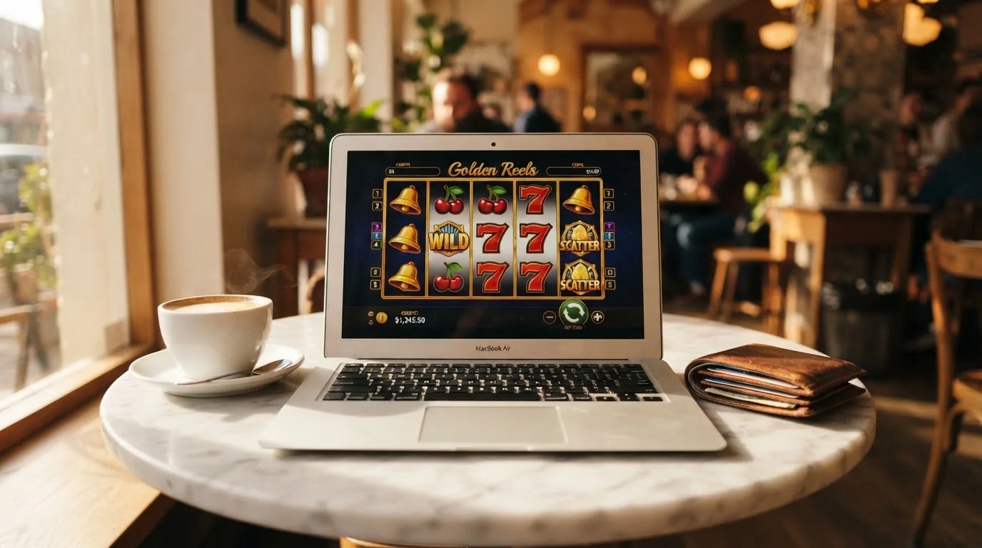 Laptop deschis pe o masă de cafenea, lângă un portofel de piele și o cană, cu lumina după-amiezii pe suprafața mesei.
