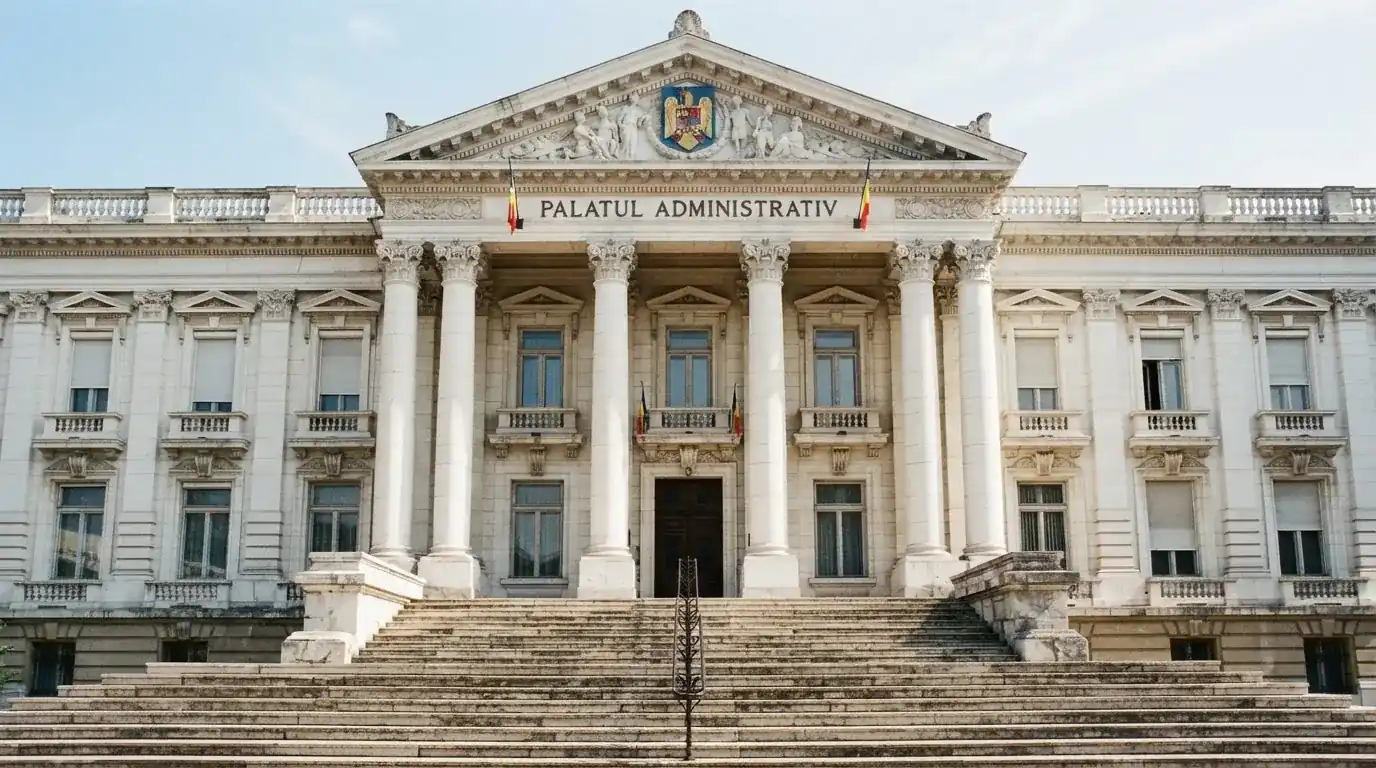Clădire guvernamentală cu coloane albe, fotografiată frontal sub un cer senin, cu trepte late de piatră în față.