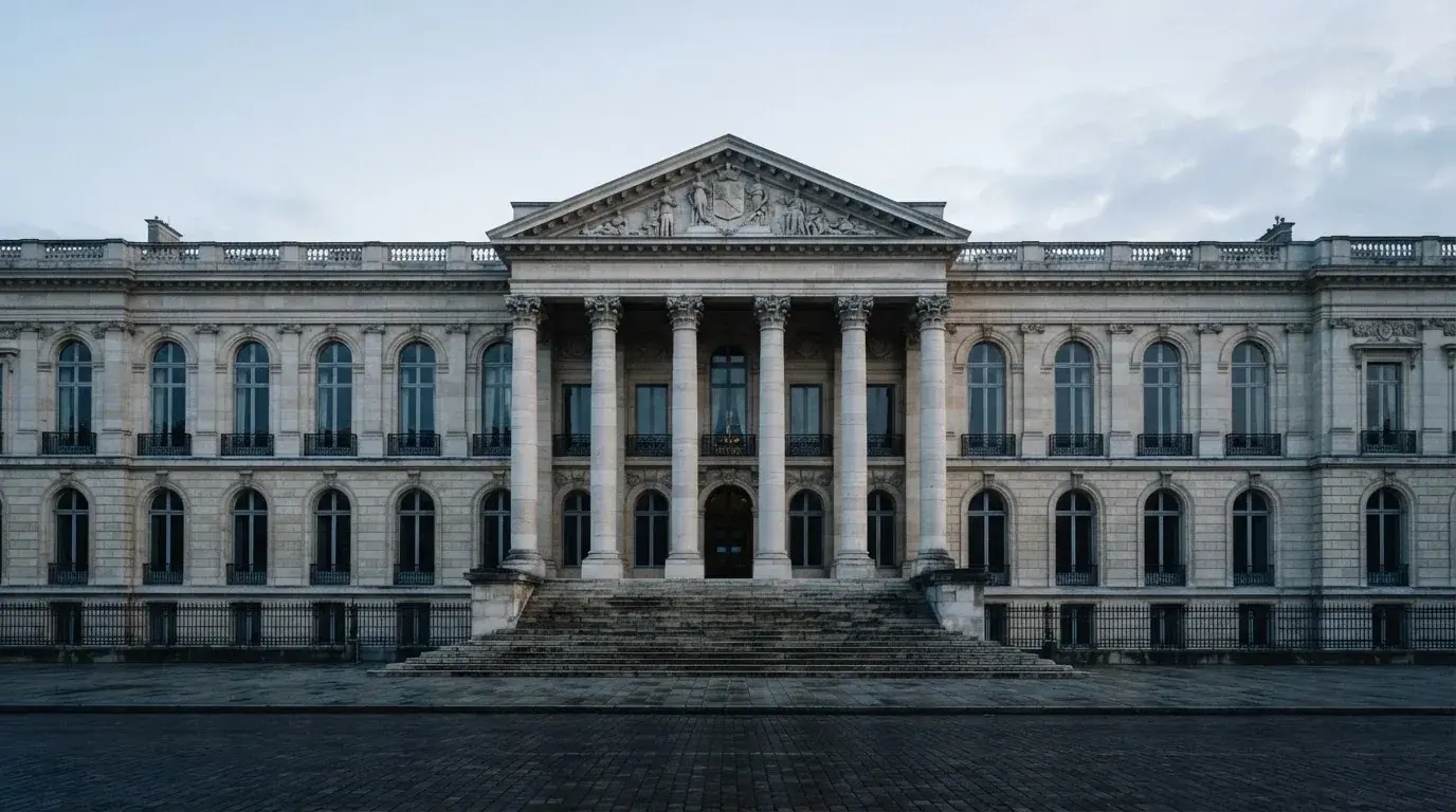 Fațada de piatră a unei clădiri guvernamentale din București, în lumina rece a zorilor — jocuri de ruletă în română