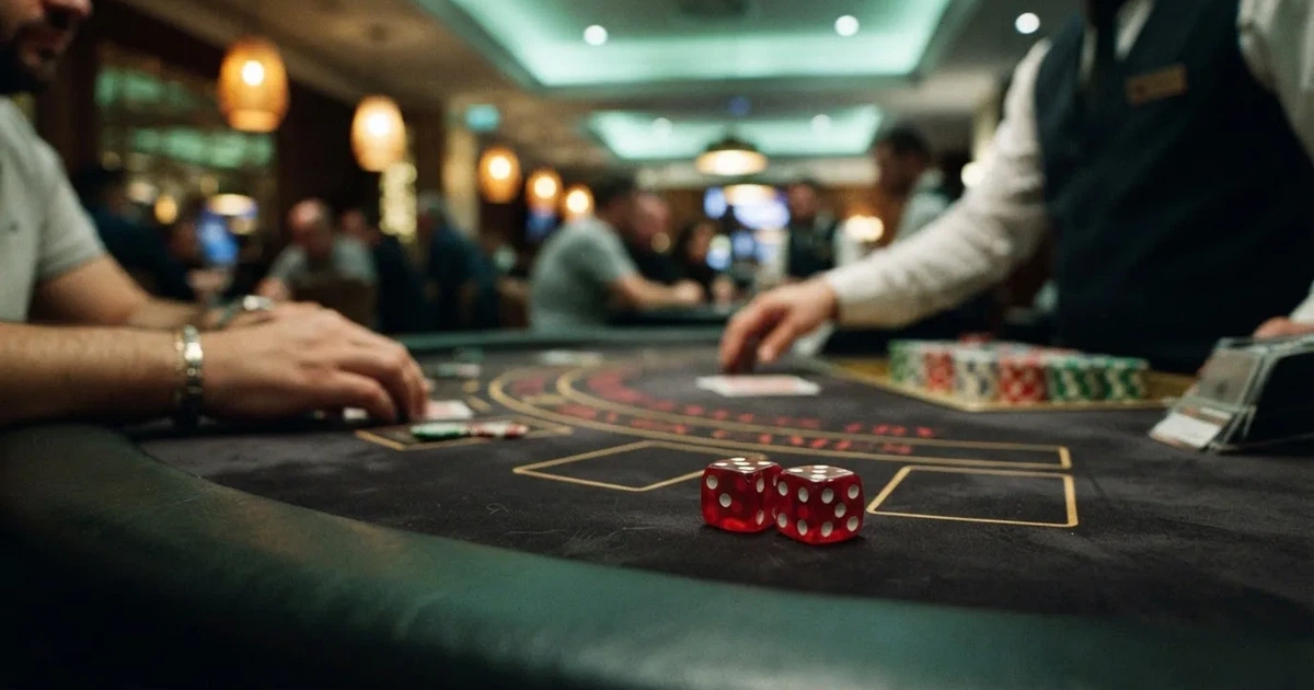 Zaruri roșii pe marginea unei mese de craps, sub o lumină verzuie — live blackjack în românia