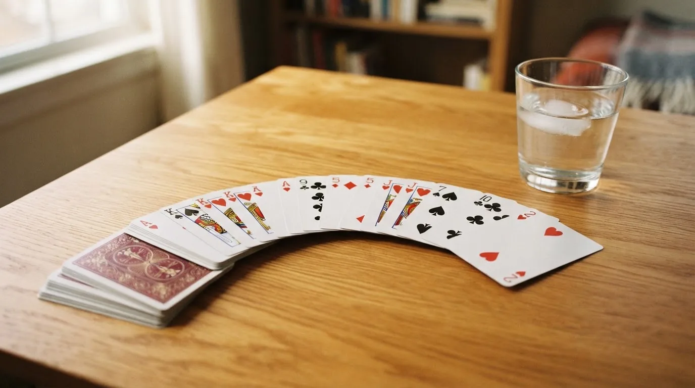 Un pachet de cărți de joc desfăcut evantai pe o masă de stejar, lângă un pahar cu apă — live blackjack în românia