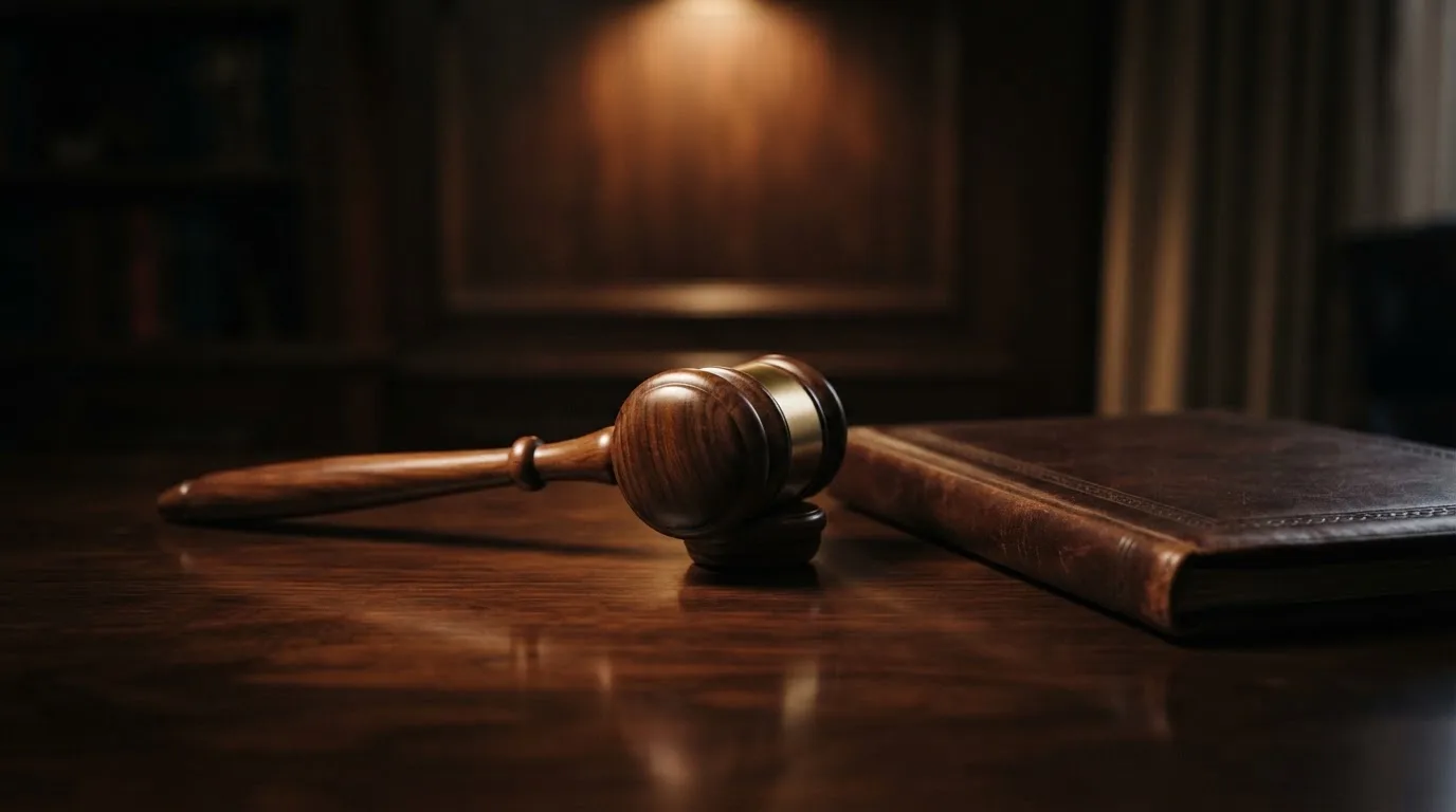 Un ciocan de judecător lângă un dosar de piele închis, pe o masă de nuc lustruit — live blackjack în românia